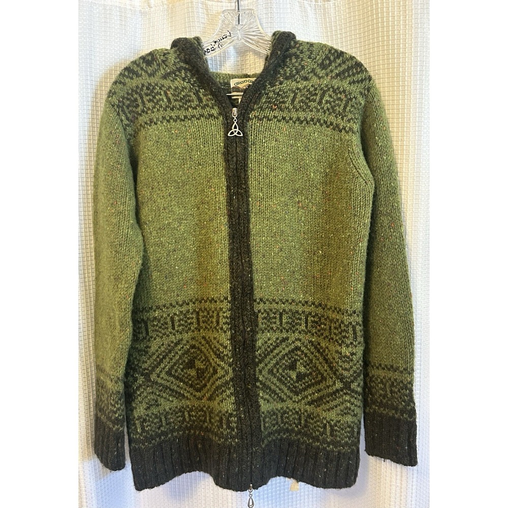Aran Crafts 100% Wool Long Intarsia Zip Hoodie Green Size XS Sweater Coat